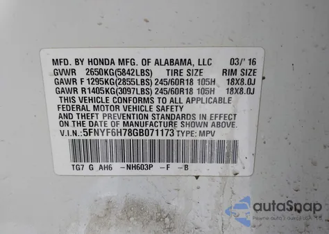 2016 Honda Pilot Ex-L z USA, uszkodzony, nr VIN 5FNYF6H78GB071173